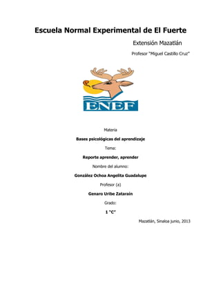 Escuela Normal Experimental de El Fuerte
Extensión Mazatlán
Profesor “Miguel Castillo Cruz”
Materia
Bases psicológicas del aprendizaje
Tema:
Reporte aprender, aprender
Nombre del alumno:
González Ochoa Angelita Guadalupe
Profesor (a)
Genaro Uribe Zataraín
Grado:
1 “C”
Mazatlán, Sinaloa junio, 2013
 