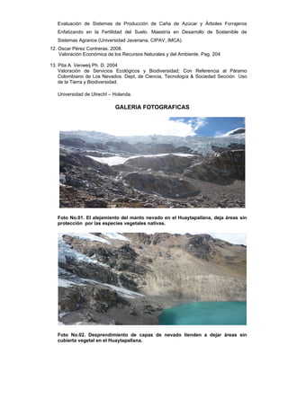 Evaluación de Sistemas de Producción de Caña de Azúcar y Árboles Forrajeros
   Enfatizando en la Fertilidad del Suelo. Maestría en Desarrollo de Sostenible de
   Sistemas Agrarios (Universidad Javeriana, CIPAV, IMCA).
12. Oscar Pérez Contreras. 2008.
    Valoración Económica de los Recursos Naturales y del Ambiente. Pag. 204

13. Pita A. Venweij Ph. D. 2004
    Valoración de Servicios Ecológicos y Biodiversidad; Con Referencia al Páramo
    Colombiano de Los Nevados. Dept, de Ciencia, Tecnología & Sociedad Sección Uso
    de la Tierra y Biodiversidad.

   Universidad de Utrecht – Holanda.

                            GALERIA FOTOGRAFICAS




   Foto No.01. El alejamiento del manto nevado en el Huaytapallana, deja áreas sin
   protección por las especies vegetales nativas.




   Foto No.02. Desprendimiento de capas de nevado tienden a dejar áreas sin
   cubierta vegetal en el Huaytapallana.
 