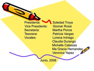   Presidenta:   Soledad Troya Vice Presidenta: Giomar Rossi Secretaria:   Martha Ponce   Tesorera:    Patricia Vargas   Vocales:   Lorena Intriago   Claudia Durango   Michelle Cabezas   Ma Gracia Hernandez   Veronica Yepez Junio, 2008 