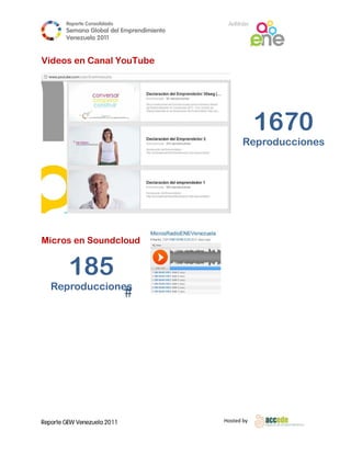Reporte Conso
                    olidado                  A
                                             Anfitrión
        Semana Gloobal del Emp
                             prendimiento
                                        o
        Venezuela 2011
                  2

 
Video en Ca
    os    anal You
                 uTube




                                                         1 70
                                                         167
                                                   Reproducc
                                                           ciones




                                               

 

Micro en Soundclou  
    os           ud


         185
 

 

    Rep
      produc
           cciones
                 s
 




Reporte GEW Venezuela 2011
        G                                   Ho
                                             osted by 
 
 
