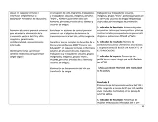 sexual en espacios formales e             en situación de calle, migrantes, trabajadoras       trabajadoras y trabajadores sexuales, 
informales (implementar la                y trabajadores sexuales, indígenas, personas         indígenas, grupos “trans”, personas privadas de 
declaración ministerial de educación).    “trans”,  hombres que tienen sexo con                su libertad y usuarios de drogas intravenosas 
                                          hombres, personas privadas de su libertad y          alcanzados por estrategias de prevención. 
                                          usuarios de drogas. 
                                                                                               5. Indicador de Resultado: Número de países 
Promover el control prenatal universal    Fortalecer las acciones de control prenatal          en América Latina que tienen políticas públicas 
para alcanzar la eliminación de la        universal con el objetivo de eleiminar la            multisectoriales presupuestadas de prevención 
transmisión vertical del VIH y sífilis    transmisión vertical del VIH y sífilis congénita.    dirigidos a poblaciones PEMAR y PVVIH. 
congénita, garantizando                    
confidencialidad y consentimiento         Garantizar que se cumplan los Acuerdos de la         6. Indicador de resultado: Número de 
informado.                                Declaración de México 2008 “Prevenir con             condones masculinos y femeninos distribuídos 
                                          Educación” en espacios formales e informales         a las poblaciones (SE BUSCA UN AUMENTO EN 
Identificar brechas y promover            (jóvenes en situación de calle, migrantes,           ESTE INDICADOR) 
cambios necesarios para garantizar        trabajadoras y trabajadores sexuales, grupos 
sangre segura                             marginados, indígenas, grupos “trans”,               7. Indicador de Impacto: Porcentaje de 
                                          mujeres, personas privadas de su libertad y          población en mayor riesgo que está infectada 
                                          usuarios de drogas).                                 por el VIH 
                                           
                                          Eliminación de la transmisión del VIH por             (UNGASS #23) (SE PROPONE ESTE INDICADOR 
                                          transfusión de sangre                                SE REDUZCA) 


                                                                                                
                                                                                               Resultado 2 
                                                                                               Eliminación de la transmisión vertical del VIH y 
                                                                                               sífilis congénita a menos de 0,5 por mil nacidos 
                                                                                               vivos (incluidos mortinatos) en los países de 
                                                                                               América Latina.  
                                                                                                
                                                                                               5. Indicador de Resultado: Porcentaje de 
                                                                                               mujeres embarazadas infectadas por el VIH 
                                                                                                                                             31 

 
 