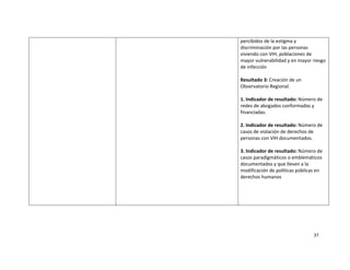percibidos de la estigma y 
    discriminación por las personas 
    viviendo con VIH, poblaciones de 
    mayor vulnerabilidad y en mayor riesgo 
    de infección   
     
    Resultado 3: Creación de un 
    Observatorio Regional. 
     
    1. Indicador de resultado: Número de 
    redes de abogados conformadas y 
    financiadas. 
     
    2. Indicador de resultado: Número de 
    casos de violación de derechos de 
    personas con VIH documentados. 
     
    3. Indicador de resultado: Número de 
    casos paradigmáticos o emblemáticos 
    documentados y que lleven a la 
    modificación de políticas públicas en 
    derechos humanos 

     

     
 



                                     37 

 
 