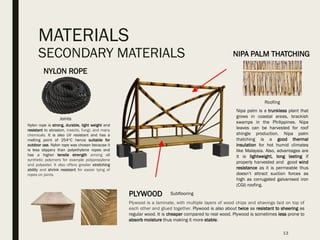 MATERIALS
SECONDARY MATERIALS
13
PLYWOOD Subflooring
Plywood is a laminate, with multiple layers of wood chips and shavings laid on top of
each other and glued together. Plywood is also about twice as resistant to sheering as
regular wood. It is cheaper compared to real wood. Plywood is sometimes less prone to
absorb moisture thus making it more stable.
NIPA PALM THATCHING
Roofing
Nipa palm is a trunkless plant that
grows in coastal areas, brackish
swamps in the Philippines. Nipa
leaves can be harvested for roof
shingle production. Nipa palm
thatching is a good thermal
insulation for hot humid climates
like Malaysia. Also, advantages are
it is lightweight, long lasting if
properly harvested and good wind
resistance as it is permeable thus
doesn’t attract suction forces as
high as corrugated galvanised iron
(CGI) roofing.
NYLON ROPE
Joints
Nylon rope is strong, durable, light weight and
resistant to abrasion, insects, fungi, and many
chemicals. It is also UV resistant and has a
melting point of 254°C hence suitable for
outdoor use. Nylon rope was chosen because it
is less slippery than polyethylene ropes and
has a higher tensile strength among all
synthetic polymers for example polypropylene
and polyester. It also offers greater stretching
ability and shrink resistant for easier tying of
ropes on joints.
 