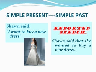 SIMPLE PRESENT----SIMPLE PAST
Shawn said:            Reported
“I want to buy a new    speech :
  dress”
                       Shawn said that she
                        wanted to buy a
                        new dress.
 