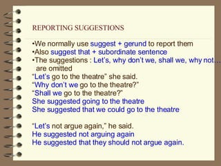 We normally use  suggest + gerund  to report them Also  suggest that + subordinate sentence The suggestions :  Let’s, why don’t we, shall we, why not… are omitted “ Let’s  go to the theatre” she said. “ Why don’t we  go to the theatre?” “ Shall we  go to the theatre?” She suggested going to the theatre She suggested that we could go to the theatre “ Let’s  not argue again,” he said. He suggested not arguing again He suggested that they should not argue again. REPORTING SUGGESTIONS 