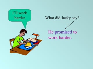 I’ll work
harder What did Jacky say?
He promised to
work harder.
 