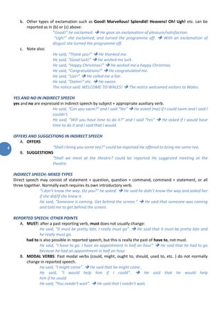 4
b. Other types of exclamation such as Good! Marvellous! Splendid! Heavens! Oh! Ugh! etc. can be
reported as in (b) or (c) above:
“Good!” he exclaimed.  He gave an exclamation of pleasure/satisfaction.
“Ugh!” she exclaimed, and turned the programme off.  With an exclamation of
disgust she turned the programme off.
c. Note also:
He said, “Thank you!”  He thanked me.
He said, “Good luck!”  He wished me luck.
He said, “Happy Christmas!”  He wished me a happy Christmas.
He said, “Congratulations!”  He congratulated me.
He said, “Liar!”  He called me a liar.
He said, “Damn!” etc.  He swore.
The notice said: WELCOME TO WALES!  The notice welcomed visitors to Wales.
YES AND NO IN INDIRECT SPEECH
yes and no are expressed in indirect speech by subject + appropriate auxiliary verb.
He said, “Can you swim?” and I said “No”  He asked (me) if I could swim and I said I
couldn’t.
He said, “Will you have time to do it?” and I said “Yes”  He asked if I would have
time to do it and I said that I would.
OFFERS AND SUGGESTIONS IN INDIRECT SPEECH
A. OFFERS
“Shall I bring you some tea?” could be reported He offered to bring me some tea.
B. SUGGESTIONS
“Shall we meet at the theatre? could be reported He suggested meeting at the
theatre.
INDIRECT SPEECH: MIXED TYPES
Direct speech may consist of statement + question, question + command, command + statement, or all
three together. Normally each requires its own introductory verb.
“I don’t know the way. Do you?” he asked.  He said he didn’t know the way and asked her
if she did/if she knew it.
He said, “Someone is coming. Get behind the screen.”  He said that someone was coming
and told me to get behind the screen.
REPORTED SPEECH: OTHER POINTS
A. MUST: after a past reporting verb, must does not usually change:
He said, “It must be pretty late, I really must go”.  He said that it must be pretty late and
he really must go.
had to is also possible in reported speech, but this is really the past of have to, not must.
He said, “I have to go. I have an appointment in half an hour”  He said that he had to go
because he had an appointment in half an hour.
B. MODAL VERBS: Past modal verbs (could, might, ought to, should, used to, etc. ) do not normally
change in reported speech.
He said, “I might come”.  He said that he might come.
He said, “I would help him if I could”.  He said that he would help
him if he could.
He said, “You needn’t wait”.  He said that I needn’t wait.
 