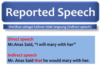 Reported Speech
Diartikan sebagai kalimat tidak langsung (Indirect speech)
Direct speech
Mr.Anas Said, “i will mary with her”
Indirect speech
Mr. Anas Said that he would mary with her.
 