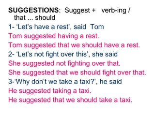 SUGGESTIONS: Suggest + verb-ing /
  that ... should
1- ‘Let’s have a rest’, said Tom
Tom suggested having a rest.
Tom suggested that we should have a rest.
2- ‘Let’s not fight over this’, she said
She suggested not fighting over that.
She suggested that we should fight over that.
3-‘Why don’t we take a taxi?’, he said
He suggested taking a taxi.
He suggested that we should take a taxi.
 