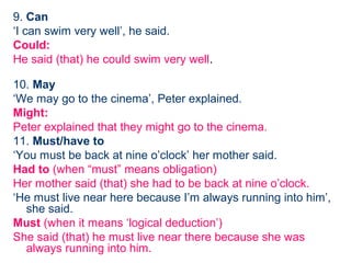 9. Can
‘I can swim very well’, he said.
Could:
He said (that) he could swim very well.

10. May
‘We may go to the cinema’, Peter explained.
Might:
Peter explained that they might go to the cinema.
11. Must/have to
‘You must be back at nine o’clock’ her mother said.
Had to (when “must” means obligation)
Her mother said (that) she had to be back at nine o’clock.
‘He must live near here because I’m always running into him’,
  she said.
Must (when it means ‘logical deduction’)
She said (that) he must live near there because she was
  always running into him.
 