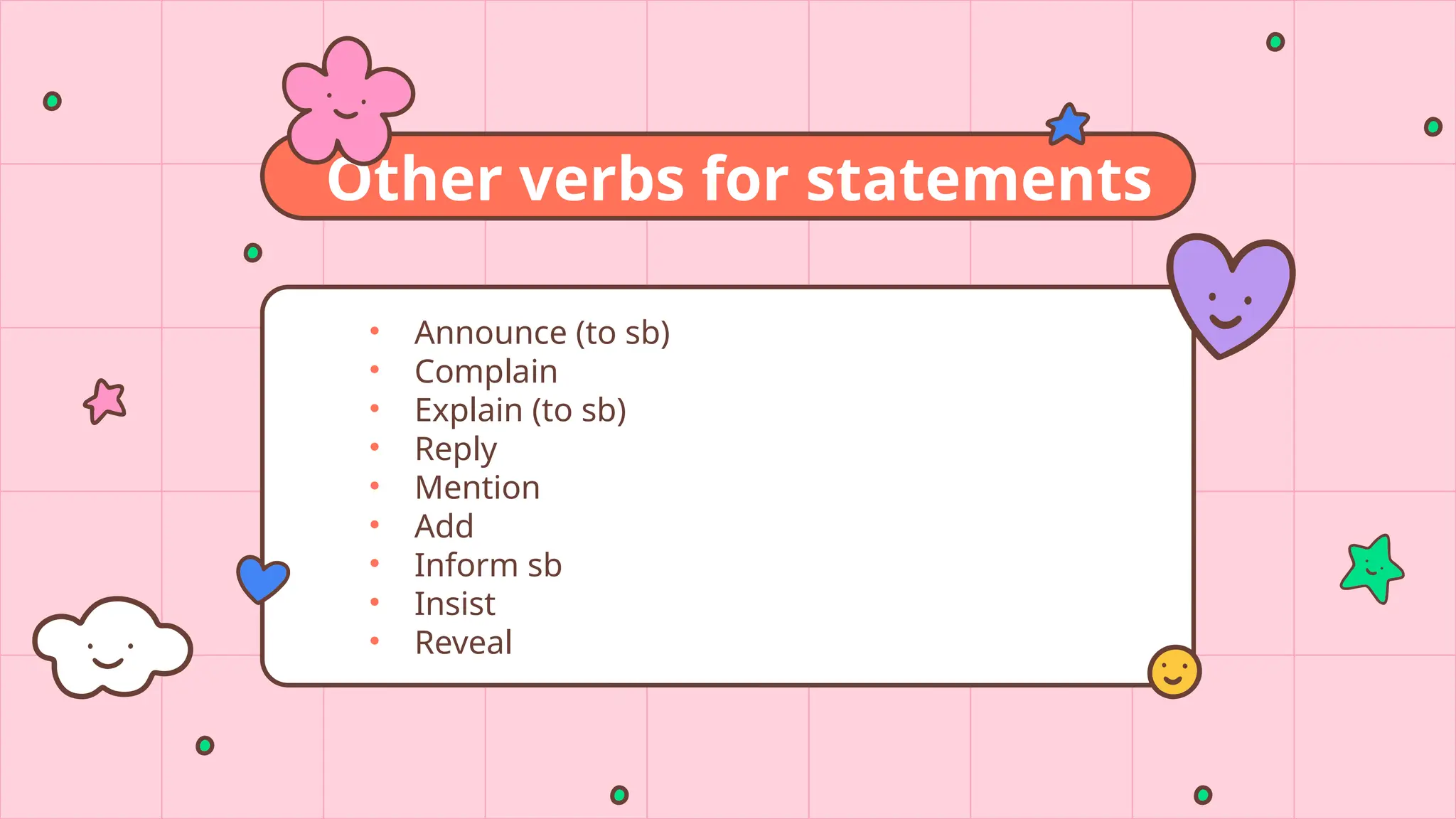Other verbs for statements
• Announce (to sb)
• Complain
• Explain (to sb)
• Reply
• Mention
• Add
• Inform sb
• Insist
• Reveal
 