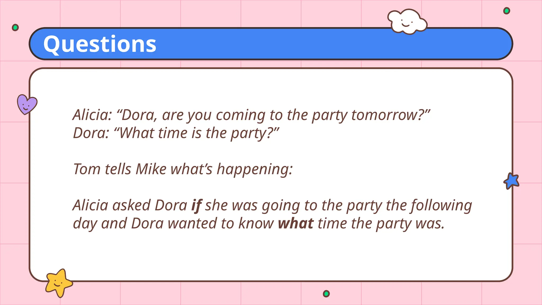 Questions
Alicia: “Dora, are you coming to the party tomorrow?”
Dora: “What time is the party?”
Tom tells Mike what’s happening:
Alicia asked Dora if she was going to the party the following
day and Dora wanted to know what time the party was.
 