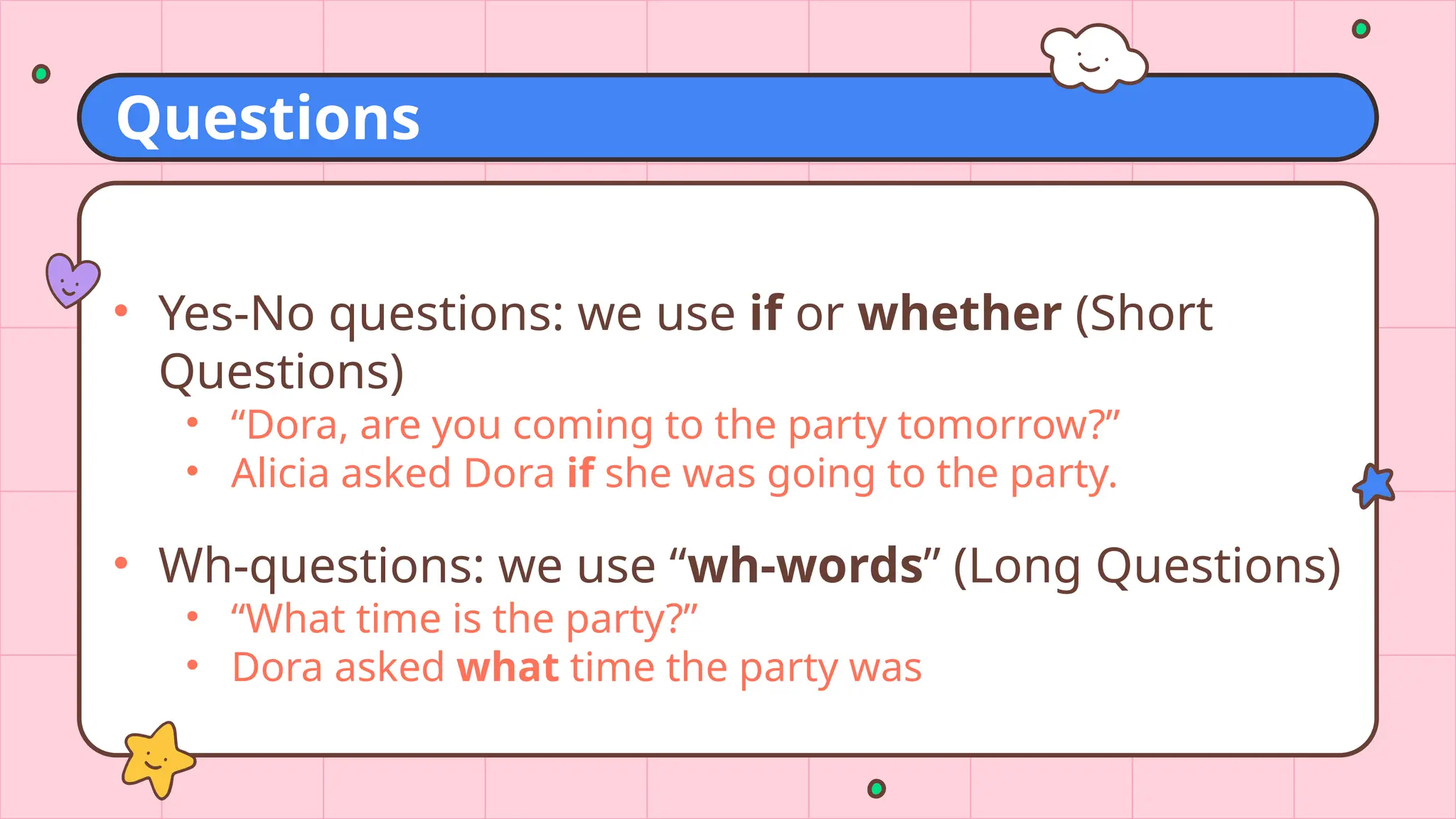 Questions
• Yes-No questions: we use if or whether (Short
Questions)
• “Dora, are you coming to the party tomorrow?”
• Alicia asked Dora if she was going to the party.
• Wh-questions: we use “wh-words” (Long Questions)
• “What time is the party?”
• Dora asked what time the party was
 