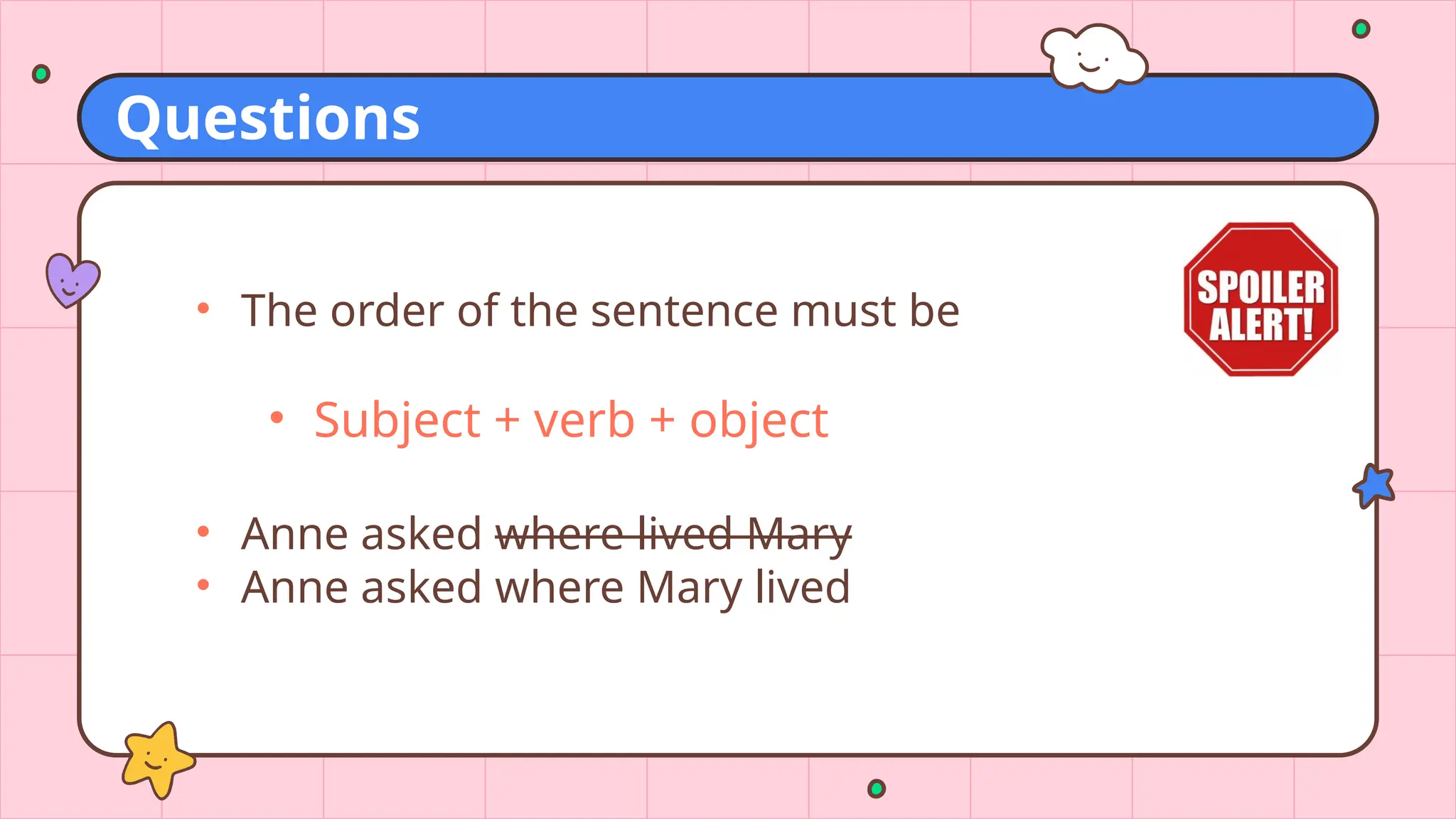 Questions
• The order of the sentence must be
• Subject + verb + object
• Anne asked where lived Mary
• Anne asked where Mary lived
 