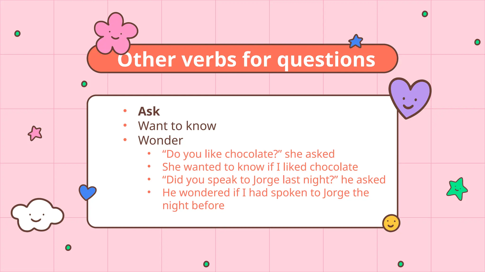 Other verbs for questions
• Ask
• Want to know
• Wonder
• “Do you like chocolate?” she asked
• She wanted to know if I liked chocolate
• “Did you speak to Jorge last night?” he asked
• He wondered if I had spoken to Jorge the
night before
 