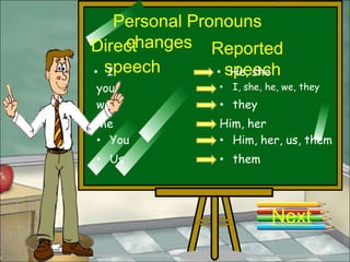 Personal Pronouns
    changes Reported
Direct
• speech
  I            • speech
                  He, she
you             • I, she, he, we, they
we              • they
Me              Him, her
• You           • Him, her, us, them
• Us            • them




                           Next
 