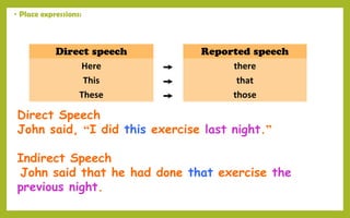 • Place expressions:
Direct speech Reported speech
Here ➙ there
This ➙ that
These ➙ those
Direct Speech
John said, “I did this exercise last night.”
Indirect Speech
 John said that he had done that exercise the
previous night.
 