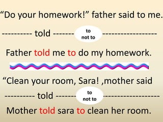 Father told me to do my homework.
Mother told sara to clean her room.
“Do your homework!” father said to me.
---------- told ------- -------------------
“Clean your room, Sara! ,mother said
---------- told ------- -------------------
to
not to
to
not to