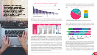 25
Ahora bien, en relación con la distribución de conexiones por proveedor, la Tabla 3 deja ver que en 2017 se consolida
la dinámica expuesta en años anteriores. Así, la mayoría de proveedores registran incrementos en los accesos.
Telmex, UNE, Colombia Telecomunicaciones, pasaron de tener una participación conjunta acumulada de 89,5% en
el 2016 a una de 86,1% en 2017, lo cual se debe entre otras cosas al mayor crecimiento neto de otros operadores y una
leve disminución de Colombia Telecomunicaciones y ETB.
Azteca Comunicaciones es uno de los proveedores que en los últimos tres años ha tenido uno de los mayores
dinamismos, con un incremento del total de accesos de 59.093 (creciendo en 51,45% respecto al 2015). Esta tendencia
ha sido similar en los dos segmentos de este servicio (residencial y corporativo); adicionalmente, gracias a su
participación en la ejecución de proyectos de política pública en el marco de los planes Vive Digital del Ministerio
de Tecnologías de Información y las Comunicaciones (MinTIC) se encuentra ubicado en varias regiones del país,
entre ellas las que están más alejadas. Es así como Azteca Comunicaciones tiene participaciones importantes en los
departamentos de: Arauca, Bolívar, Boyacá, y Putumayo.
Frente al incremento en la participación de los operadores agrupados en la categoría “Otros” es relevante mencionar
que este es el resultado del nacimiento y crecimiento de pequeñas y medianas empresas que se caracterizan por ser
en su mayoría proveedores que están ubicados y llevan el servicio de Internet a regiones apartadas del país. Por lo
anterior se explican los incrementos en la penetración presentados en departamentos como Vichada y Guaviare,
los cuales alcanzaron tasas de crecimiento en la penetración del orden de 1,90 puntos porcentuales y 0,57 respecto
al 2016.
Por otro lado, respecto a las tecnologías a través de las cuales se presta el servicio de Internet fijo en Colombia se
destacan: i) Cable, ii) xDSL y iii) Fibra Óptica. A partir de la Gráfica 35 se observa que, en el 2017, el Cable continuó
como la tecnología más utilizada en el país, con una proporción del 53,9% del total de los accesos, seguida por el
xDSL (Par de Cobre) con un 31,2% y la Fibra Óptica con un 11,1%. Las otras tecnologías, entre las que se encuentran
alámbricas e inalámbricas, representaron el 3,8% del total de conexiones.
Si bien la proporción de conexiones con fibra es menor al Cable y al xDSL, es relevante mencionar que en
2017 las conexiones de este tipo de tecnología superaron el 10% del total de conexiones de Internet fijo. Este
hecho junto con la disminución sostenida de la participación de los accesos con tecnología xDSL que entre
2015 y 2017 perdió más de 12 puntos porcentuales, indican que el servicio de Internet fijo en Colombia está
en un proceso de renovación tecnológica, situación que le permite a los usuarios experimentar mayores
velocidades de bajada (o descarga) y de subida (o carga) al conectarse a Internet y por supuesto, mejor
calidad.
Adicionalmente, y con el propósito de presentar un análisis consolidado de la evolución de las velocidades
de bajada y de subida, que son elementos importantes de la oferta comercial y de cómo se consume este
servicio, se definen los siguientes rangos de velocidad: menor a 1 Mbps, entre 1 Mbps y menor a 2 Mbps,
entre 2 Mbps y menor a 5 Mbps, entre 5 Mbps y menor a 10 Mbps, y mayor e igual a 10 Mbps.
A partir de la Gráfica 36, se observa que el país está migrando hacía velocidades de bajada más altas en
el servicio de Internet fijo. Es así como los accesos mayores e iguales a 5 Mbps pasaron de representar el
39,8% en 2015 al 75,2% del total de los accesos en 2017. Se destaca el caso de los accesos con velocidades
de bajada mayores e iguales a 10 Mbps, que registraron el mayor crecimiento en los últimos tres años y, a
finales del 2017 ya representaban el 26,4% del total de los accesos a Internet fijo.
En cuanto a la evolución de la velocidad de subida, se observa que ésta tiene un comportamiento similar al
registrado por la velocidad de bajada. La Gráfica 37 muestra como la cantidad de accesos con velocidad de
subida inferior a 1 Mbps disminuyó en los últimos años, al pasar de representar el 28,6% al 11,5% del total
de los accesos entre 2015 y 2017, lo que indica una migración hacia velocidades superiores, entre ellas las
que son mayores e iguales a 10 Mbps; en el último año, los accesos con este rango de velocidad presentaron
un crecimiento de 180,8%. No obstante, dicha migración se ha realizado a un menor ritmo en comparación
con la velocidad de bajada. Para 2017 la mayor proporción de accesos seguían siendo aquellos con una
velocidad de subida entre 1 Mbps y 2 Mbps (67,5%).
Fuente: Colombia TIC. Elaboración CRC
Nota: Cifras tomadas de ColombiaTIC el 16 de abril de 2018.
Gráﬁca 36. Participación de suscriptores de acceso a Internet ﬁjo por rango de Velocidad de bajada
Fuente: Colombia TIC. Elaboración CRC
Nota: Cifras tomadas de ColombiaTIC el 16 de abril de 2018.
Gráﬁca 34. Penetración del servicio de Internet Fijo Vs. tasa promedio de penetración.
Fuente: Colombia TIC y DANE. Elaboración CRC
Nota: Cifras tomadas de ColombiaTIC el 16 de abril de 2018.
Gráﬁca 35. Participación de conexiones ﬁjas a Internet por tecnología.
El país está migrando hacía
velocidades de bajada más
altas en el servicio de Internet
fijo. Es así como los accesos
mayores e iguales a 5 Mbps
pasaron de representar el
39,8% en 2015 al 75,2% del total
de los accesos en 2017.
12,82%
Tabla 3. Evolución del número de suscriptores para el mercado de Internet Fijo
46 47
46.Para la tecnología Cable se consideran los accesos de Cable Coaxial y los accesos que cuentan con tecnología HFC (por sus siglas en inglés), ya que ambas tecnologías cuentan con cable coaxial para su última milla.
47. Las conexiones de Fibra Óptica incluyen las conexiones con tecnología Fiber To The X (FTTx), Fiber To The Home (FTTH), Fiber To The Node (FTTN), Fiber To The Cabinet (FFTC), FTTB (Fiber to the building o Fiber to
the basement), FTTA (Fiber to the antenna), (Fiber-to-the-premises).
48. La variable Otras tecnologías contiene las siguientes tecnologías: Satelital, Wiﬁ, Wimax, Otras tecnologías ﬁjas y Otras tecnologías inalámbricas.
48
Fuente: Colombia TIC. Elaboración CRC
Notas: Cifras tomadas de ColombiaTIC el 16 de abril de 2018. De acuerdo con la información reportada por los operadores Fibra Óptica incluye:
Fiber To The Home (FTTH), Fiber To The Cabinet (FFTC), y Fiber To The X (FTTx).
4,5%
10,3%
19,4%
20,2%
39,0%
40,1%
48,8%
35,5%
30,4%
26,4%
14,5%
9,0%
0% 20% 40% 60% 80% 100%
2017
2016
2015
Menor a 1 Mbps Entre 1 y 2 Mbps Entre 2 y 5 Mbps
Entre 5 y 10 Mbps Mayor eigual a 10 Mbps
 