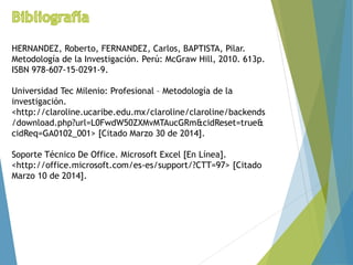 HERNANDEZ, Roberto, FERNANDEZ, Carlos, BAPTISTA, Pilar.
Metodología de la Investigación. Perú: McGraw Hill, 2010. 613p.
ISBN 978-607-15-0291-9.
Universidad Tec Milenio: Profesional – Metodología de la
investigación.
<http://claroline.ucaribe.edu.mx/claroline/claroline/backends
/download.php?url=L0FwdW50ZXMvMTAucGRm&cidReset=true&
cidReq=GA0102_001> [Citado Marzo 30 de 2014].
Soporte Técnico De Office. Microsoft Excel [En Línea].
<http://office.microsoft.com/es-es/support/?CTT=97> [Citado
Marzo 10 de 2014].
 