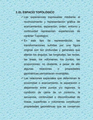 3. EL ESPACIO TOPOLÓGICO
 Las experiencias expresadas mediante el
reconocimiento y representación gráfica de
acercamientos, separación, orden, entorno y
continuidad representan experiencias de
carácter Topológico.
 En este tipo de representación, las
transformaciones sufridas por una figura
original son tan profundas y generales que
alteran los ángulos, las longitudes, las rectas,
las áreas, los volúmenes, los puntos, las
proporciones; no obstante, a pesar de ello
algunas relaciones o propiedades
geométricas permanecen invariables.
 Las relaciones espaciales que determinan la
proximidad o acercamiento, la separación o
alejamiento entre puntos y/o regiones, la
condición de cierre de un contorno, la
secuencia, continuidad o discontinuidad de
líneas, superficies o volúmenes constituyen
propiedades geométricas que se conservan
 