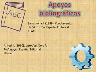 Sarramona J. (1989). Fundamentos
de Educación. España: Editoreal
CEAC.
Alfred K. (1990). Introducción a la
Pedagogía. España: Editorial
Herder.
 