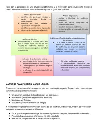 Nace con la percepción de una situación problemática y la motivación para solucionarla. Incorpora
cuatro elementos analíticos importantes que ayudan a guiar este proceso:
MATRIZ DE PLANIFICACIÓN, MARCO LÓGICO.
Presenta en forma resumida los aspectos más importantes del proyecto. Posee cuatro columnas que
suministran la siguiente información:
 Un resumen narrativo de los objetivos y las actividades
 Indicadores (resultados específicos a alcanzar)
 Medios de verificación
 Supuestos (factores externos de riesgo)
Y cuatro filas que presentan información acerca de los objetivos, indicadores, medios de verificación
y supuestos en cuatro momentos diferentes:
 Fin al que el proyecto contribuye de manera significativa después de que está funcionando
 Propósito logrado cuando el proyecto ha sido ejecutado
 Resultados completados en el transcurso de la ejecución
Análisis de involucrados
Identificar a los que tengan interés o se
puedan beneficiar directa o
indirectamente.
Investigar sus roles, intereses y
capacidad de participación.
Identificar su posición frente al proyecto.
Interpretar los resultados del análisis.
Análisis del problema
Analizar e identificar los problemas
principales
Definir los efectos importantes del
problema en cuestión.
Construir el árbol de problemas.
Revisar la validez e integridad del árbol
dibujado.
Análisis de objetivos
Permite describir la situación futura a la
que se desea llegar una vez se han
resuelto los problemas. Consiste en
convertir los estados negativos del árbol
en soluciones.
Análisis identificación de alternativas de solución
del problema
Tal y como se indica a partir de los
medios que están en las raíces del árbol
de problemas, se proponen acciones
probables que puedan en términos
operativos conseguir el medio.
Selección de la alternativa óptima
Identificación de las distintas estrategias
posibles para alcanzar los objetivos
Criterios precisos que permitan elegir las
estrategias.
La selección de la estrategia aplicable a la
intervención.
Estructura analítica del proyecto
Es recomendable construirla para
establecer niveles jerárquicos, el objetivo
central del proyecto, los componentes y
actividades.
 