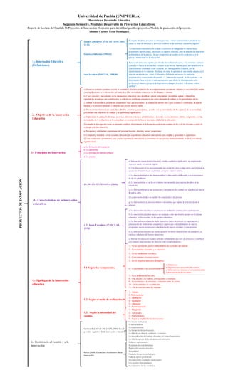 Universidad de Puebla (UNIPUEBLA)
                                                                               Maestría en Desarrollo Educativo
                                                        Segundo Semestre. Módulo: Desarrollo de Proyectos Educativos.
                          Reporte de Lectura del Capítulo II: Proyectos de Innovación; Elementos para identificar posibles proyectos; Modelo de planeación del proyecto.
                                                                               Alumno: Carmen Uribe Domínguez.


                                                                                                                                "Conjunto de ideas, procesos y estrategias, más o menos sistematizados, mediante los
                                                                          Jaume Carbonell (CAÑAL DE LEON, 2002:
                                                                                                                                cuales se trata de introducir y provocar cambios en las practicas educativas vigentes."
                                                                          11-12)
                                                                                                                                "La innovación educativa es la actitud y el proceso de indagación de nuevas ideas,
                                                                                                                                propuestas y aportaciones, efectuadas de manera colectiva, para la solución de situaciones
                                                                          Francisco Imbernón (1996:64)                          problemáticas de la práctica, lo que comportará un cambio en los contextos y en la
                                                                                                                                práctica institucional de la educación".
                              1.- Innovación Educativa                                                                          "Innovación Educativa significa una batalla ala realidad tal cual es, a lo mecánico, rutinario
                              (Definiciones)                                                                                    y usual, a la fuerza de los hechos y al peso de la inercia. Supone pues, una apuesta por lo
                                                                                                                                colectivamente construido como deseable, por la imaginación creadora, por la
                                                                                                                                transformación de lo existente. Reclama, en suma, la apertura de una rendija utópica en el
                                                                          Juan Escudero (PASCUAL, 1988:86)                      seno de un sistema que, como el educativo, disfruta de un exceso de tradición,
                                                                                                                                perpetuación y conservación del pasado. (...) innovación equivale, ha de equivaler, a un
                                                                                                                                determinado clima en todo el sistema educativo que, desde la Administración a los
                                                                                                                                profesores y alumnos, propicie la disposición a indagar, descibrir, reflexionar, criticar...
                                                                                                                                cambiar".
                                                                          a) Promover actitudes positivas en toda la comunidad educativa en función de un comportamiento permnente, abierto a la necesidad del cambio
                                                                          y sus implicaciones, a la adecuación del curriculo y a las necesidades e intereses de los alumnos y alumnas.
                                                                          b) Crear espacios y mecanismos en las instituciones educativas para identificar, valorar, sistematizar, normalizar, aplicar y difundir las
                                                                          experiencias novedosas que contribuyan a la solución de problemas educativos que estén afectando la calidad de los aprendizajes de los
                                                                          estudiantes.
                                                                          c) Animar el desarrollo de propuestas educativas v´lidas que respondan a la realidad de nuestro país y que rescaten la creatividad, la riqueza
                                                                          humana y los recursos naturales y culturales que provee nuestro medio.
                                                                          d) Promover transformaciones curriculares flexible, creativas y participativas, acordes con las necesidades de los sujetos y de su comunidad,
                                                                          procurando una educación de calidad y de aprendizaje significativos.
                              2.- Objetivos de la Innovación
                                                                          e) Implementar la aplicación de terias, procesos, métodos y técnicas administrativas y docentes reconocidamente validos, congruentes con las
                              Educativa                                   necesidades de la institución y de la comunidad, en su propósito de buscar una mejor calidad de la educación.
                                                                          f) Estimular la investigación como un elemento cotidiano determinante de la formación profesional continua de los y de las docentes a partir de
                                                                          su propia práctica educativa.
                                                                          g) Recuperar y sistematizar experiencias del personal docente, directivo, asesor y supervisor.
                                                                          h) Compartir y transferir a otras escuelas y docentes las experiencias educativas innovadoras para ampliar y generalizar la experiencia.
                                                                          i) Crear condiciones permanentes para que las experiencias innovadoras se conviertan en una práctica institucionalizada, es decir, en cultural
                                                                          organizacional.

                                                                          a) La formación del estudiante.
                                                                          b) La autonomía.
                             3.- Principios de Innovación                 c) La investigación interdisciplinaria.
                                                                          d) La práctica.

                                                                                                                                a) Innovación supone transformación y cambio cualitativo significativo, no simplemente
                                                                                                                                mejora o ajuste del sistema vigente.
                                                                                                                                b) Una innovación no es necesariamente una invención, pero sí algo nuevo que propicia un
                                                                                                                                avance en el sistema hacia su plenitud, un nuevo orden o sistema.

                                                                                                                                c) La innovación implica una intencionalidad o intervención deliberada y en consecuencia
                                                                                                                                ha de ser planificada.
PROYECTOS DE INNOVACIÓN




                                                                                                                                d) La innovación no es un fin en si misma sino un medio para mejorar los fines de la
                                                                          4.1.- BLANCO Y MESSINA [2000]).
                                                                                                                                educación.
                                                                                                                                e) La innovación implica una aceptación y apropiación del cambio por aquellos que han de
                                                                                                                                llevarlo a cabo.

                                                                                                                                f) La innovación implica un cambio de concepción y de práctica.
                               4.- Características de la innovación
                                                                                                                                g) La innovación es un proceso abierto e inconcluso que implica la reflexión desde la
                               educativa.                                                                                       práctica.

                                                                                                                                a) La innovación educativa es un proceso de definición, construcción y participación
                                                                                                                                social.innovación educativa merece ser pensada como una tensión utópica en el sistema
                                                                                                                                b) La
                                                                                                                                educativo, en las escuelas, en los agentes educativos.
                                                                                                                                c) La innovación en educación ha de parecerse mas a un proceso de capacitación y
                                                                           4.2. Juan Escudero (PASCUAL,                         potenciación de instituciones educativas y sujetos que a la implantación de nuevos
                                                                                                                                programas, nuevas tecnologías, o inculcación de nuevos términos y concepciones.
                                                                           1998)
                                                                                                                                d) La innovación educativa no puede agotarse en meras enunciaciones de principios, en
                                                                                                                                estéticas relaciones de buenas intenciones.
                                                                                                                                e) Innovar en educación requiere articular debidamente una serie de procesos y establecer
                                                                                                                                con cuidado una estructura de diversos roles complementarios.
                                                                                                                                1.- En las operaciones para el mantenimiento de los límites del sistema.
                                                                                                                                2.- Concernientes al tamaño y la extensión.
                                                                                                                                3.- En las instalaciones escolares.
                                                                                                                                4.- Concernientes al tiempo escolar.
                                                                                                                                5.- En los objetivos instructivo-formativos.
                                                                                                                                                                               a) Didácticos.
                                                                           5.1 Según los componentes.                                                                          b) Organización y desarrollo de currículo.
                                                                                                                                6.- Concernientes a los procedimientos.
                                                                                                                                                                               c) Materiales curriculares e instrumentos didácticos.
                                                                                                                                                                               d) Estructuración de las clases.
                                                                                                                                7.- En la definición de los roles.
                                                                                                                                8.- Que afectan a los valores, concepciones y creencias.
                              5.- Tipología de la innovación                                                                    9.- Concernientes a la estructura y relaciones entre las partes.
                              educativa                                                                                         10.- En los métodos de socialización.
                                                                                                                                11.- De la conexión entre los sistemas.

                                                                                                                                1.- Adición
                                                                                                                                2.-Reforzamiento
                                                                                                                                3.- Eliminación
                                                                           5.2. Según el modo de realización.                   4.- Sustitución
                                                                                                                                5.- Alteración
                                                                                                                                6.- Reestructuración
                                                                                                                                1.- Marginales.
                                                                           5.3. Según la intensidad del                         2.- Adicionales
                                                                           cambio.                                              3.- Fundamentales
                                                                                                                                4.- Según la amplitud de las innovaciones
                                                                                                                                La inercia institucional
                                                                                                                                El individualismo.
                                                                                                                                El corporativismo.
                                                                          Carbonell (CAÑAL DE LEON, 2002) Los 7
                                                                                                                                La formación del profesorado.
                                                                          pecados capitales de la innovación educativa
                                                                                                                                La falta de un clima de confianza y consenso.
                                                                                                                                La intensificación del trabajo docente y el control burocrático.
                                                                                                                                La falta de apoyos de la administración educativa.
                             6.- Resistencia al cambio y a la                                                                   Esfuerzo suplementario.
                             innovación                                                                                         Respuesta docente inmediata.
                                                                                                                                Rigidez del sistema educativo.
                                                                                                                                Inseguridad.
                                                                          Rivas (2000) Elementos restrictores de la
                                                                                                                                Limitada formación pedagógica.
                                                                          innovación
                                                                                                                                Falta de apoyo profesional.
                                                                                                                                Incomprensión y actitudes inadecuadas.
                                                                                                                                Los recursos instrumentales.
                                                                                                                                Incertidumbre de los resultados.
 