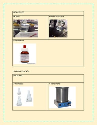 REACTIVOS
HCl 5N Potasa alcohólica
Fenolftaleína
SAPONIFICACIÓN
MATERIAL
3 matraces 1 baño maría
 