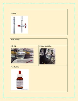 1 bureta
REACTIVOS
HCl 5N Potasa alcohólica
Fenolftaleína
 