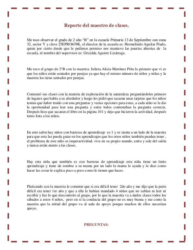 Reporte del maestro de clases.