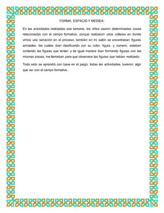 FORMA, ESPACIO Y MEDIDA:
En las actividades realizadas esa semana, los niños usaron determinadas cosas
relacionadas con el campo formativo, porque realizaron unos collares en donde
vimos una seriación en el proceso, también en mi salón se encontraban figuras
armables, las cuales iban clasificando por su color, figura, y numero, estaban
contando las figuras que tenían y de igual manera iban formando figuras con las
mismas piezas, me llamaban para que observara las figuras que habían realizado.
Todo esto se aprendió con base en el juego, todas las actividades, tuvieron algo
que ver con el campo formativo.
 
