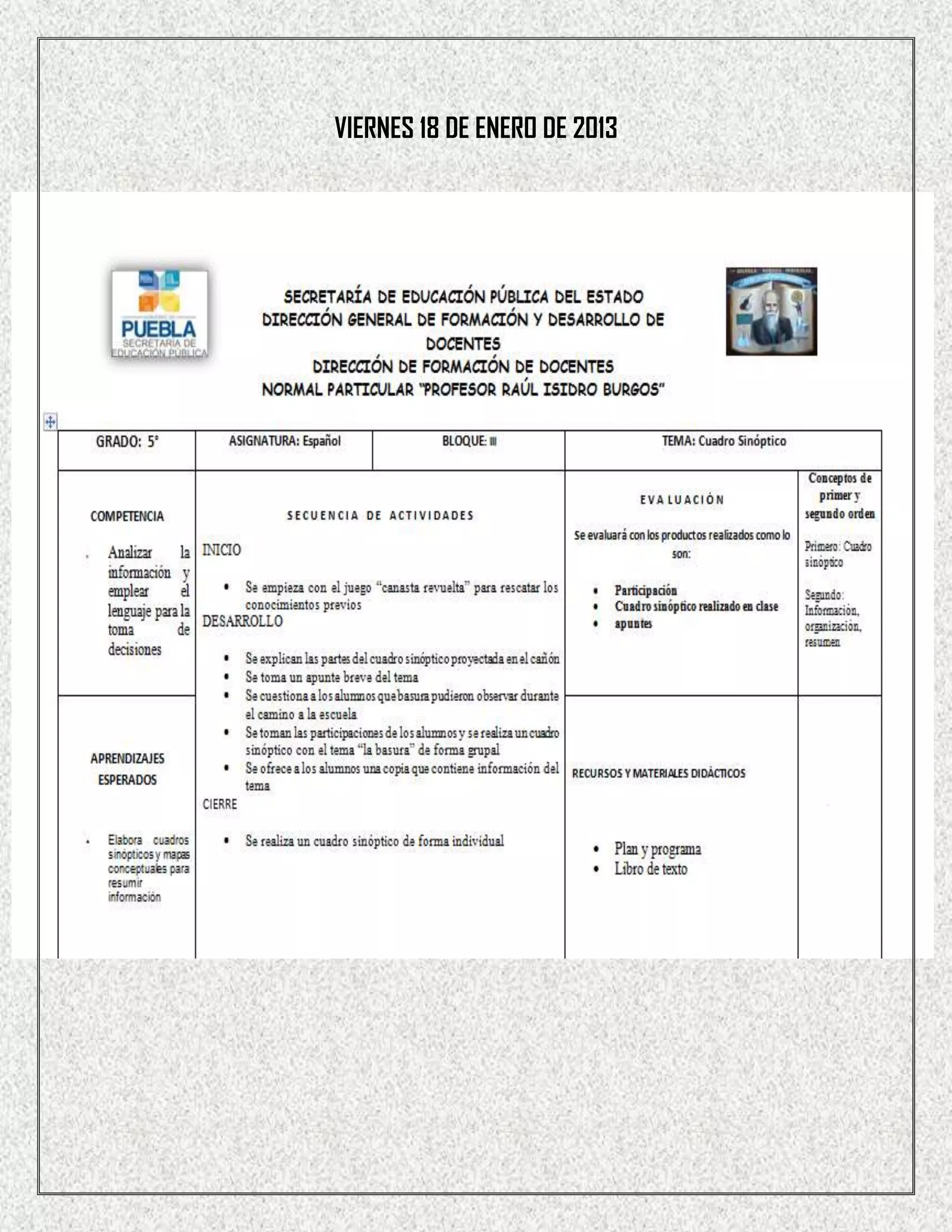 VIERNES 18 DE ENERO DE 2013
 