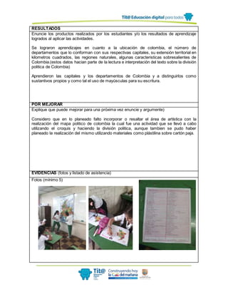 RESULTADOS
Enuncie los productos realizados por los estudiantes y/o los resultados de aprendizaje
logrados al aplicar las actividades.
Se lograron aprendizajes en cuanto a la ubicación de colombia, el número de
departamentos que lo conforman con sus respectivas capitales, su extensión territorial en
kilometros cuadrados, las regiones naturales, algunas caracteristicas sobresalientes de
Colombia.(estos datos hacian parte de la lectura e interpretación del texto sobre la división
politica de Colombia)
Aprendieron las capitales y los departamentos de Colombia y a distinguirlos como
sustantivos propios y como tal el uso de mayúsculas para su escritura.
POR MEJORAR
Explique que puede mejorar para una próxima vez enuncie y argumente)
Considero que en lo planeado falto incorporar o resaltar el área de artística con la
realización del mapa politico de colombia la cual fue una actividad que se llevó a cabo
utilizando el croquis y haciendo la división politica, aunque tambien se pudo haber
planeado la realización del mismo utilizando materiales como plástilina sobre cartón paja.
EVIDENCIAS (fotos y listado de asistencia)
Fotos (mínimo 5)
 