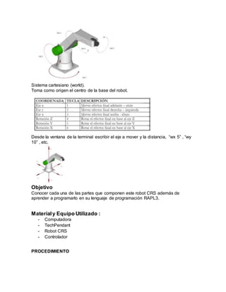 Sistema cartesiano (world).
Toma como origen el centro de la base del robot.
Desde la ventana de la terminal escribir el eje a mover y la distancia, “wx 5” , “wy
10” , etc.
Objetivo
Conocer cada una de las partes que componen este robot CRS además de
aprender a programarlo en su lenguaje de programación RAPL3.
Materialy Equipo Utilizado :
- Computadora
- TechPendant
- Robot CRS
- Controlador
PROCEDIMIENTO
 