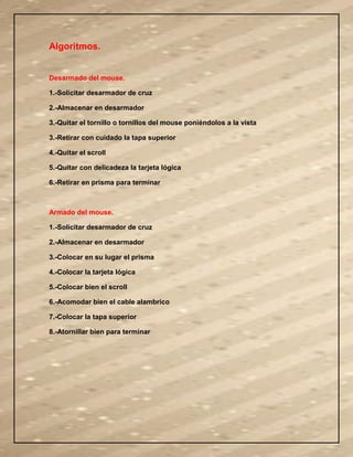 Algoritmos.
Desarmado del mouse.
1.-Solicitar desarmador de cruz
2.-Almacenar en desarmador
3.-Quitar el tornillo o tornillos del mouse poniéndolos a la vista
3.-Retirar con cuidado la tapa superior
4.-Quitar el scroll
5.-Quitar con delicadeza la tarjeta lógica
6.-Retirar en prisma para terminar
Armado del mouse.
1.-Solicitar desarmador de cruz
2.-Almacenar en desarmador
3.-Colocar en su lugar el prisma
4.-Colocar la tarjeta lógica
5.-Colocar bien el scroll
6.-Acomodar bien el cable alambrico
7.-Colocar la tapa superior
8.-Atornillar bien para terminar
 
