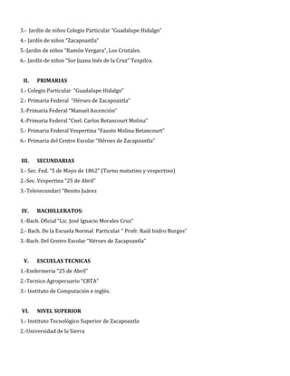 3.- Jardín de niños Colegio Particular “Guadalupe Hidalgo”
4.- Jardín de niños “Zacapoaxtla”
5.-Jardin de niños “Ramón Vergara”, Los Cristales.
6.- Jardín de niños “Sor Juana Inés de la Cruz” Texpilco.


 II.   PRIMARIAS
1.- Colegio Particular “Guadalupe Hidalgo”
2.- Primaria Federal “Héroes de Zacapoaxtla”
3.-Primaria Federal “Manuel Ascención”
4.-Primaria Federal “Cnel. Carlos Betancourt Molina”
5.- Primaria Federal Vespertina “Fausto Molina Betancourt”
6.- Primaria del Centro Escolar “Héroes de Zacapoaxtla”


III.   SECUNDARIAS
1.- Sec. Fed. “5 de Mayo de 1862” (Turno matutino y vespertino)
2.-Sec. Vespertina “25 de Abril”
3.-Telesecundari “Benito Juárez


IV.    BACHILLERATOS:
1.-Bach. Oficial “Lic. José Ignacio Morales Cruz”
2.- Bach. De la Escuela Normal Particular “ Profr. Raúl Isidro Burgos”
3.-Bach. Del Centro Escolar “Héroes de Zacapoaxtla”


 V.    ESCUELAS TECNICAS
1.-Emfermeria “25 de Abril”
2.-Tecnico Agropecuario “CBTA”
3.- Instituto de Computación e inglés.


VI.    NIVEL SUPERIOR
1.- Instituto Tecnológico Superior de Zacapoaxtla
2.-Universidad de la Sierra
 