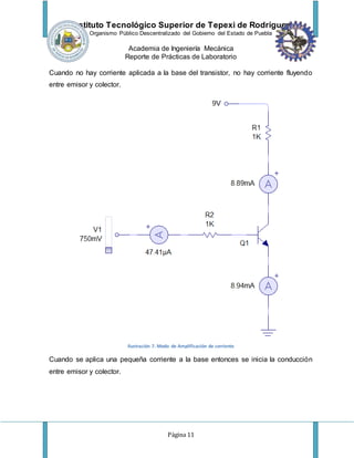 Instituto Tecnológico Superior de Tepexi de Rodríguez
Organismo Público Descentralizado del Gobierno del Estado de Puebla
Academia de Ingeniería Mecánica
Reporte de Prácticas de Laboratorio
Página 11
Cuando no hay corriente aplicada a la base del transistor, no hay corriente fluyendo
entre emisor y colector.
Ilustración 7. Modo de Amplificación de corriente
Cuando se aplica una pequeña corriente a la base entonces se inicia la conducción
entre emisor y colector.
 