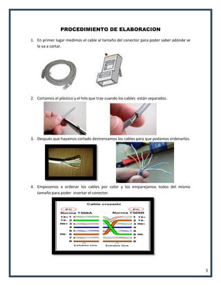 3 
PROCEDIMIENTO DE ELABORACION 
1. En primer lugar medimos el cable al tamaño del conector para poder saber adónde se le va a cortar. 
2. Cortamos el plástico y el hilo que trae cuando los cables están separados. 
3. Después que hayamos cortado destrenzamos los cables para que podamos ordenarlos. 
4. Empezamos a ordenar los cables por color y los emparejamos todos del mismo tamaño para poder insertar el conector. 
 