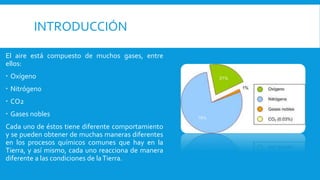 INTRODUCCIÓN
El aire está compuesto de muchos gases, entre
ellos:
 Oxígeno
 Nitrógeno
 CO2
 Gases nobles
Cada uno de éstos tiene diferente comportamiento
y se pueden obtener de muchas maneras diferentes
en los procesos químicos comunes que hay en la
Tierra, y así mismo, cada uno reacciona de manera
diferente a las condiciones de laTierra.
 