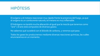 HIPÓTESIS
El oxígeno y el metano reaccionan muy rápido frente la presencia del fuego, ya que
el oxígeno es un comburente natural y el metano es muy inflamable.
El hidrógeno no tendrá mucha alteración al igual que la mezcla que tenemos como
“aire” ( el aire está compuesto de diversos gases).
No sabemos qué sucederá con el dióxido de carbono, y veremos qué pasa.
Todos los gases los produciremos mediante diversas reacciones químicas, las cuáles
enunciaremos en un momento.
 