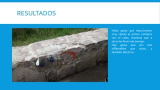 RESULTADOS
Hubo gases que reaccionaron
muy rápido al primer contacto
con el calor, mientras que a
otros les llevó más tiempo.
Hay gases que son más
inflamables que otros, y
también afectó su
 