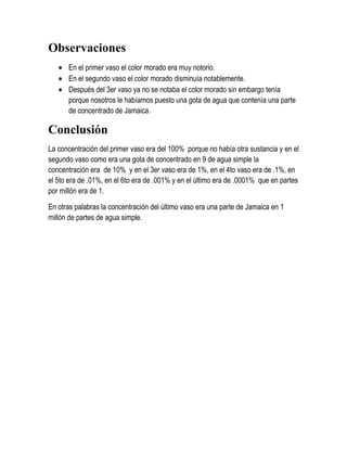 Observaciones
En el primer vaso el color morado era muy notorio.
En el segundo vaso el color morado disminuía notablemente.
Después del 3er vaso ya no se notaba el color morado sin embargo tenía
porque nosotros le habíamos puesto una gota de agua que contenía una parte
de concentrado de Jamaica.
Conclusión
La concentración del primer vaso era del 100% porque no había otra sustancia y en el
segundo vaso como era una gota de concentrado en 9 de agua simple la
concentración era de 10% y en el 3er vaso era de 1%, en el 4to vaso era de .1%, en
el 5to era de .01%, en el 6to era de .001% y en el último era de .0001% que en partes
por millón era de 1.
En otras palabras la concentración del último vaso era una parte de Jamaica en 1
millón de partes de agua simple.
 