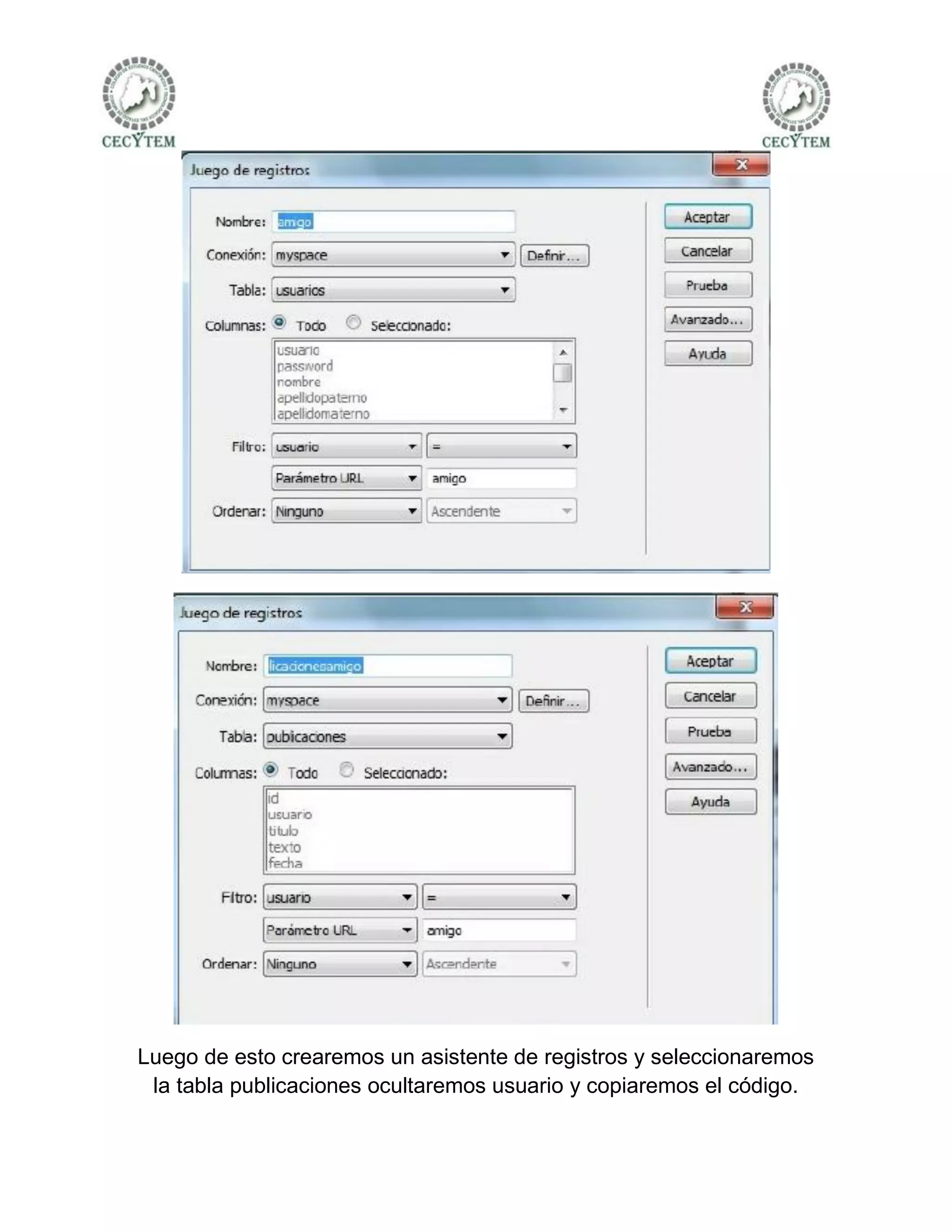 Luego de esto crearemos un asistente de registros y seleccionaremos
 la tabla publicaciones ocultaremos usuario y copiaremos el código.
 