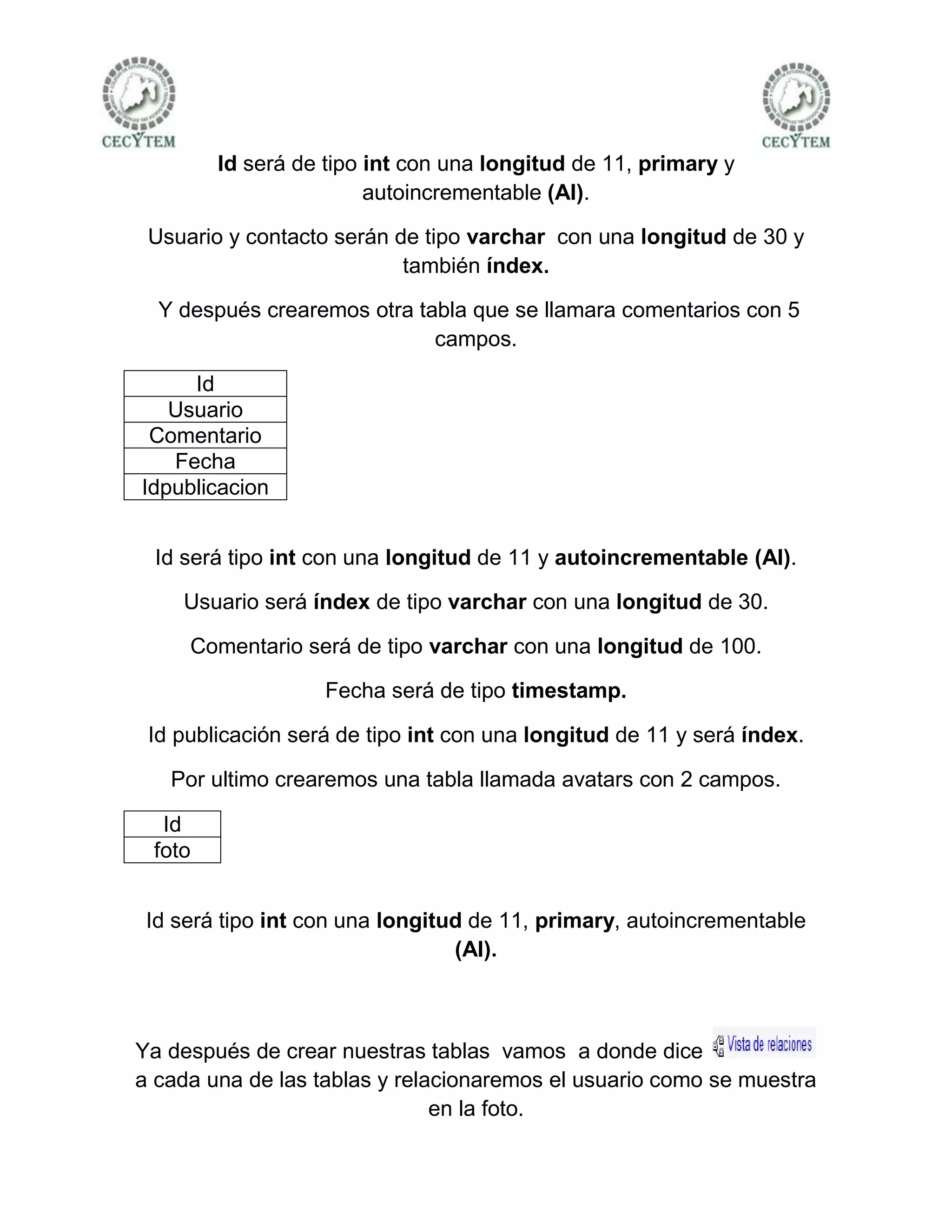 Id será de tipo int con una longitud de 11, primary y
                        autoincrementable (AI).

 Usuario y contacto serán de tipo varchar con una longitud de 30 y
                           también índex.

  Y después crearemos otra tabla que se llamara comentarios con 5
                             campos.

     Id
   Usuario
 Comentario
   Fecha
Idpublicacion


 Id será tipo int con una longitud de 11 y autoincrementable (AI).

    Usuario será índex de tipo varchar con una longitud de 30.

     Comentario será de tipo varchar con una longitud de 100.

                   Fecha será de tipo timestamp.

 Id publicación será de tipo int con una longitud de 11 y será índex.

   Por ultimo crearemos una tabla llamada avatars con 2 campos.

  Id
 foto


 Id será tipo int con una longitud de 11, primary, autoincrementable
                                 (AI).



Ya después de crear nuestras tablas vamos a donde dice
a cada una de las tablas y relacionaremos el usuario como se muestra
                               en la foto.
 