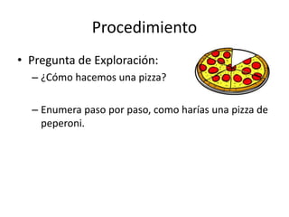 Procedimiento
• Pregunta de Exploración:
– ¿Cómo hacemos una pizza?
– Enumera paso por paso, como harías una pizza de
peperoni.
 