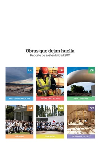 Obras que dejan huella
Reporte de sostenibilidad 2011
Nuestra Organización
personas
misión constructiva
comunidad
medio ambiente
Desafíos a futuro
06
34
14
50
24
60
 