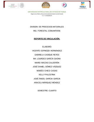 UNIVERSIDAD INTERCULTURAL DEL ESTADO DE PUEBLA
Organismo Público Descentralizado del Gobierno del Estado
C.C.T. 21ESU0053Y
DIVISION DE PROCESOS NATURALES
ING. FORESTAL COMUNITARIA
REPORTE DE VINCULACIÓN.
ELABORÓ:
VICENTE ESPINOZA HERNÁNDEZ
GABRIELA CASIQUE REYES
MA. LOURDES GARCÍA GAONA
MARIO MACÍAS CALDERÓN
JOSÉ DANIEL GÓMEZ VÁZQUEZ
MOISÉS CHICO CASAS
KELLY PALESTINA
JOSÉ ÁNGEL GARCIA GARCIA
ARACELI MÁRQUEZ MÉNDEZ
SEMESTRE: CUARTO
 