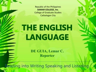 Reading into Writing Speaking and Listening
Republic of the Philippines
SAMAR COLLEGE, Inc.
College of Graduate Studies
Catbalogan City
DE GUIA, Lemar C.
Reporter
 