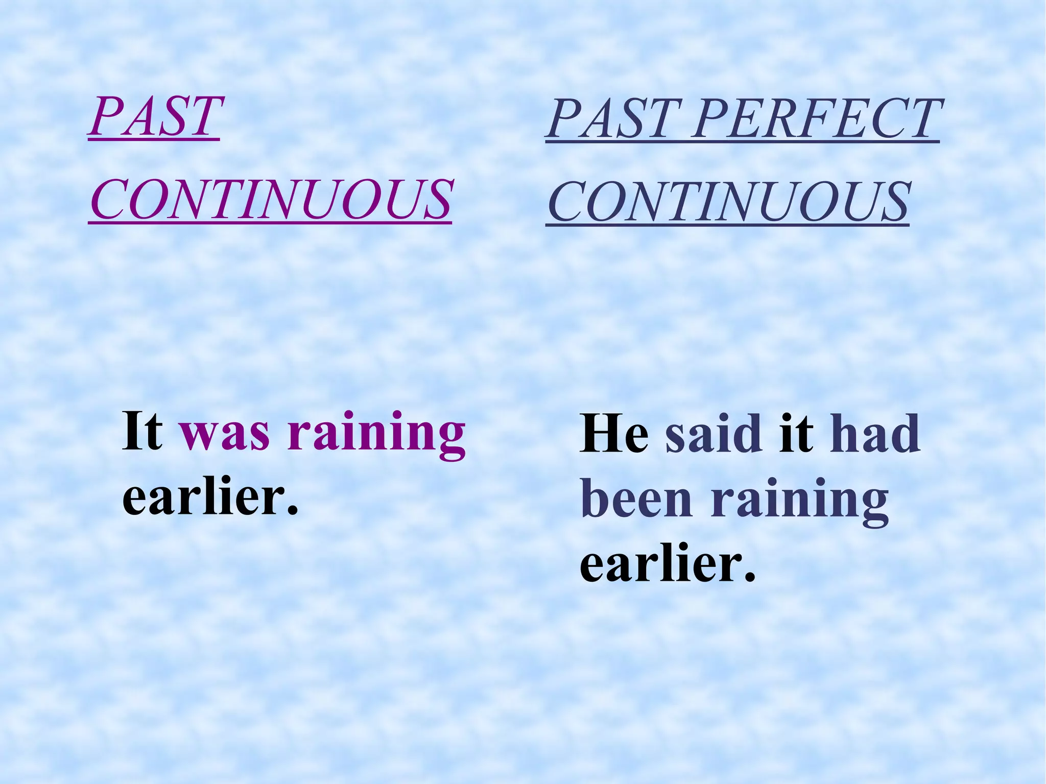 PAST CONTINUOUS It  was raining  earlier. PAST PERFECT CONTINUOUS He  said  it  had been raining  earlier.  